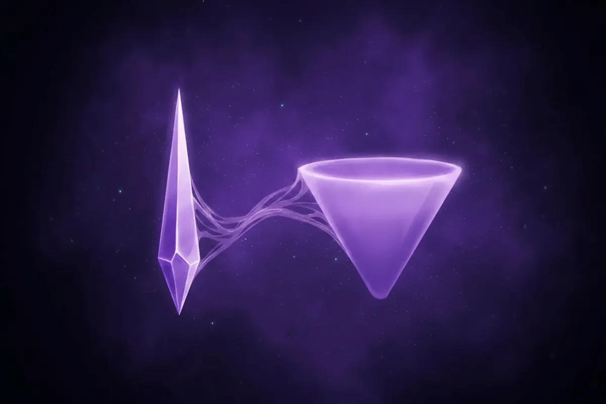 Illustrative. The point collapses to a line; the cone carries the spread. The IC that trades the shape hedges the tail; the IC that trades the point has no tail to hedge.